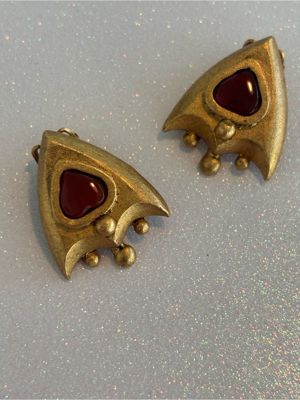 Vintage Brushed Gold and Red Clip Earrings